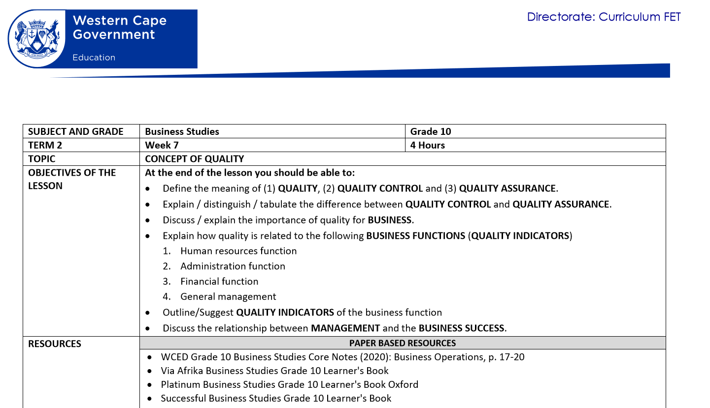 Gr 10 T2 W7 Business Studies | WCED EPortal